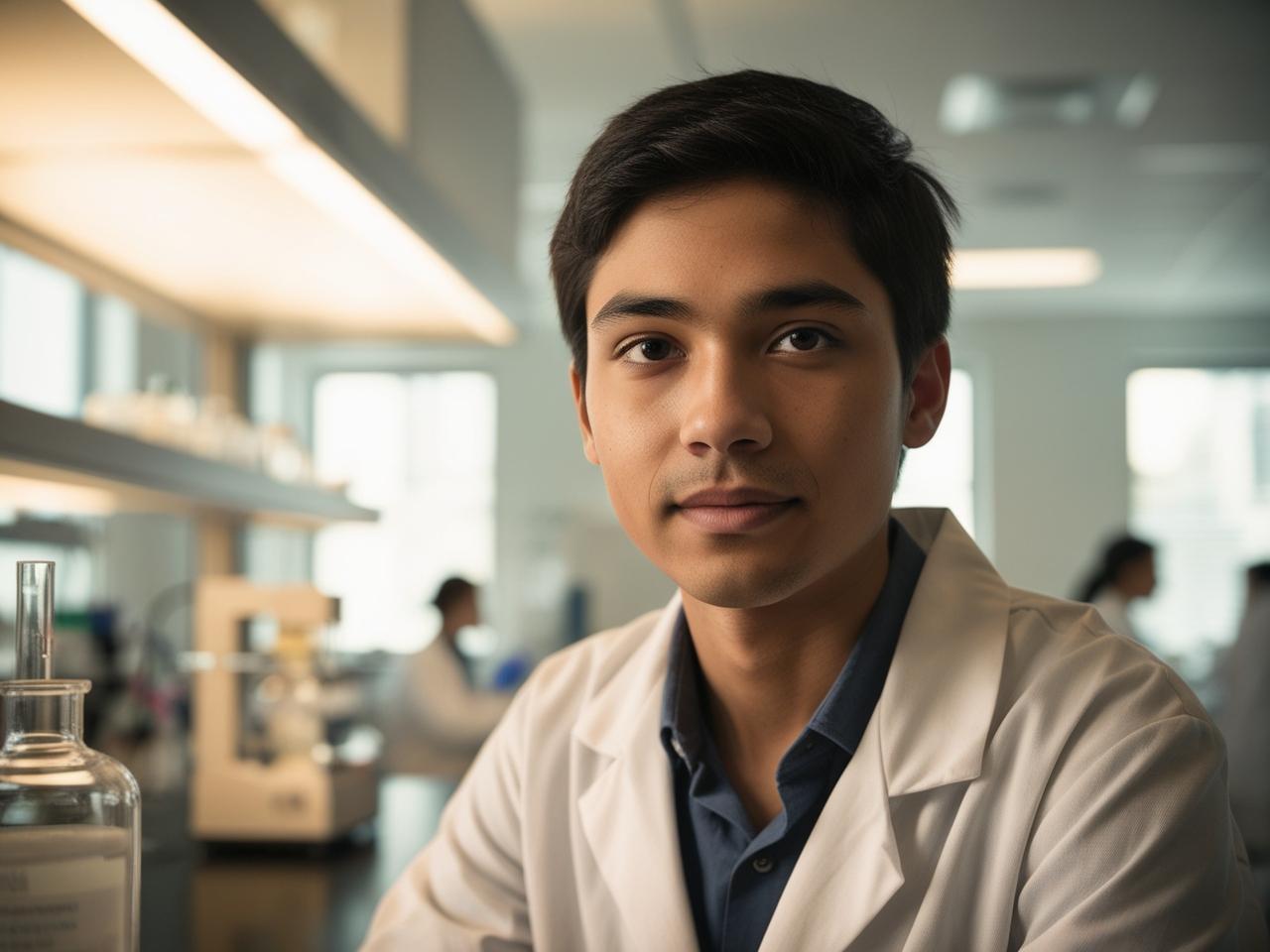 Scientist with AI-generated headshot seated confidently in a clean, modern lab.