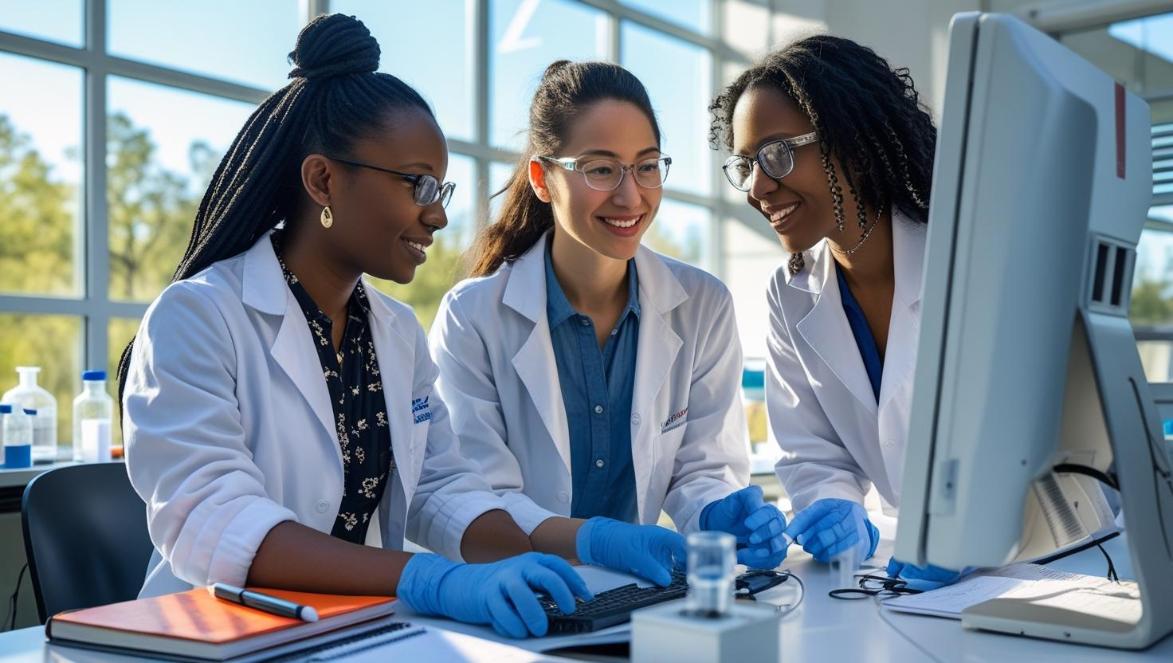 Diverse scientists collaborate in bright lab, reviewing complex data on shared computer screen.