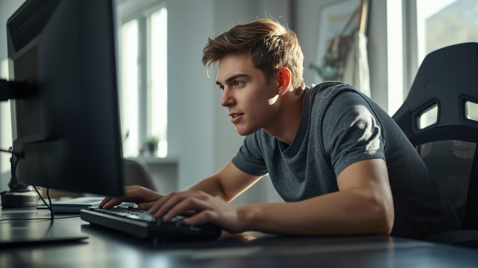 Focused gamer reacting quickly with intense concentration in bright natural setting.